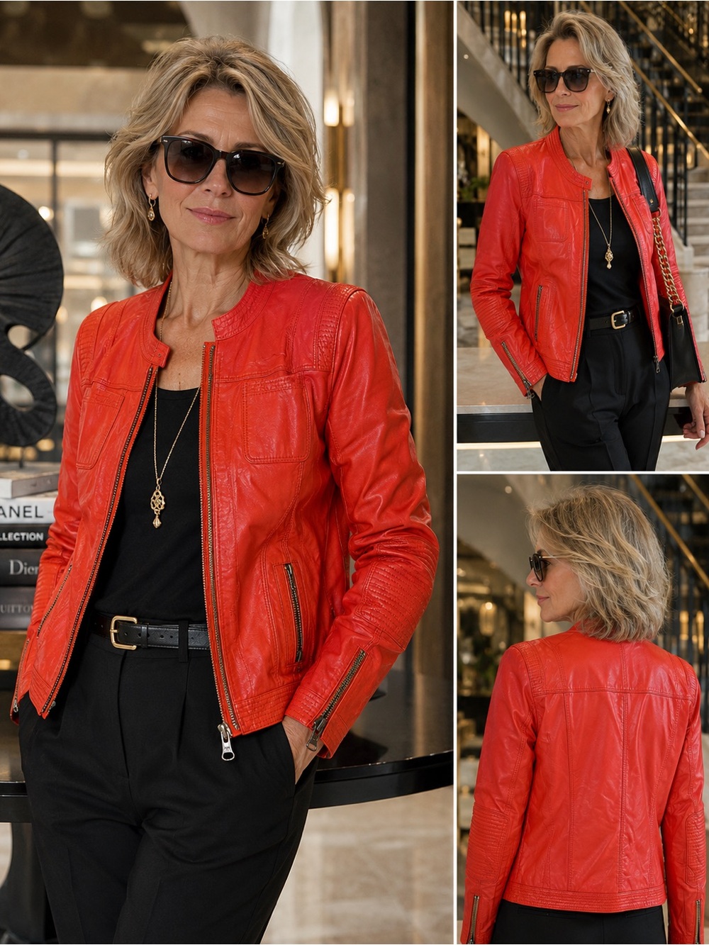 Marc Cain Lamb Nappa Leather Moto Jacket Coral Orange Size N6